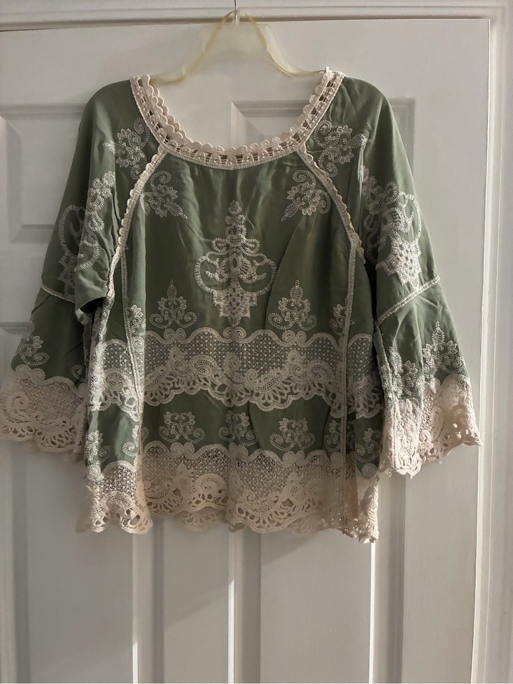 Democracy Sage Green Blouse with Cream Lace Trim